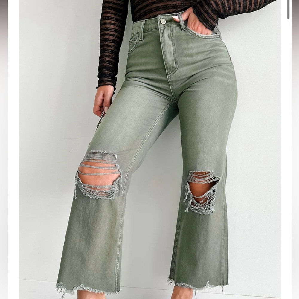 VERVET BY FLYING MONKEY Olive Distressed Flare Jeans
